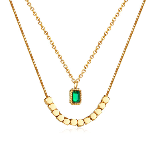 Gold Plated Layered Double Chain Necklace with Green Cubic Zirconia Diamond Pendant