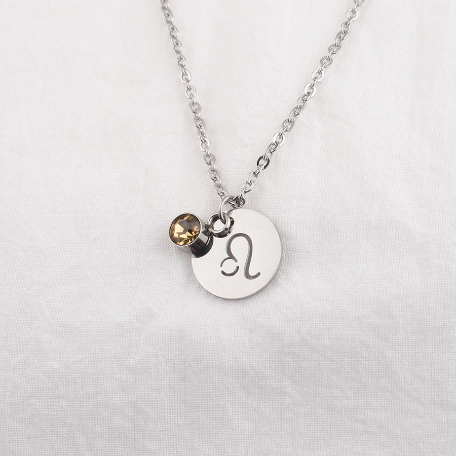Stainless Steel Necklace with Zodiac Sign Pendant and Birthstone