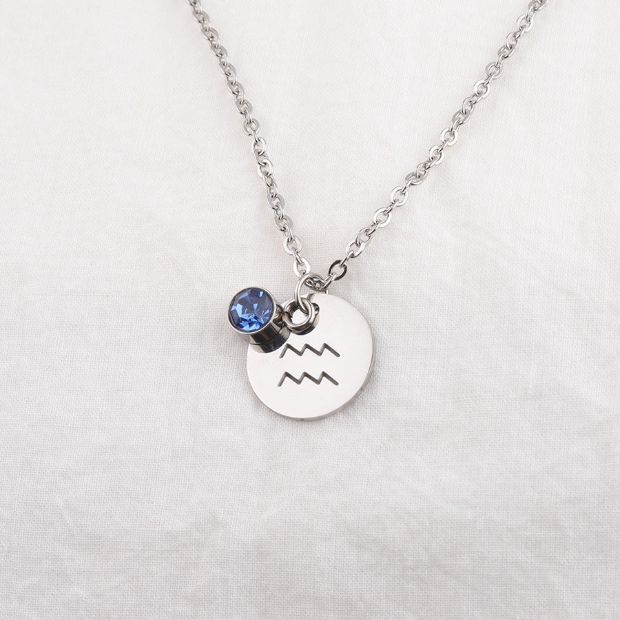 Stainless Steel Necklace with Zodiac Sign Pendant and Birthstone