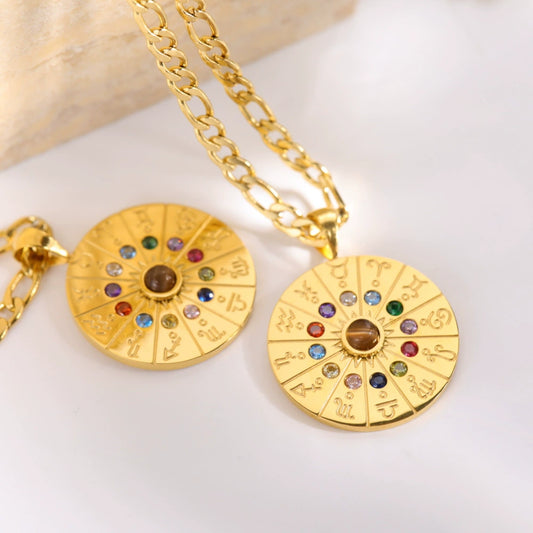 Necklace with Round Tarot Card Pendant with 12 Zodica Signs and 12 Birth Stones