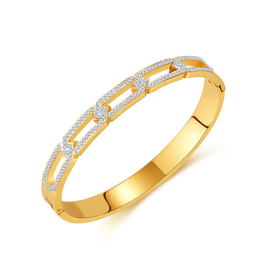 Gold Plated Inlaid Rhinestone Classic Oval Bangle Bracelet