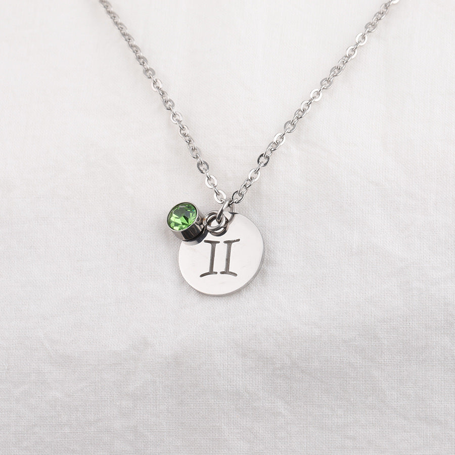 Stainless Steel Necklace with Zodiac Sign Pendant and Birthstone