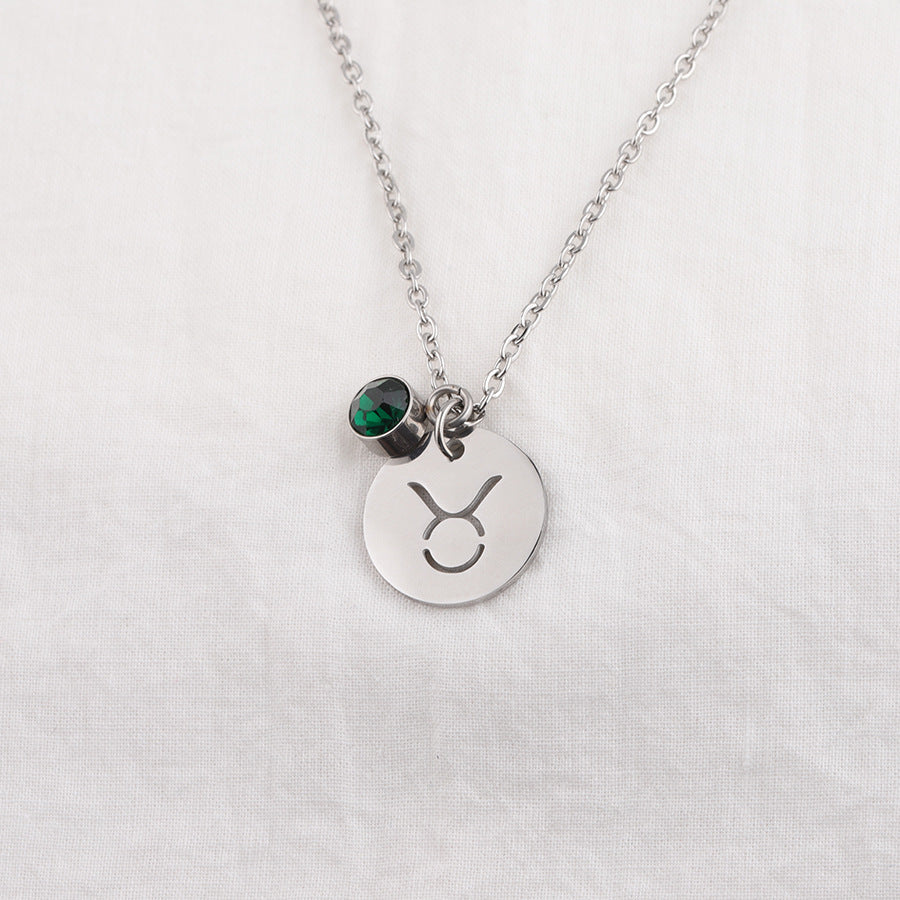 Stainless Steel Necklace with Zodiac Sign Pendant and Birthstone