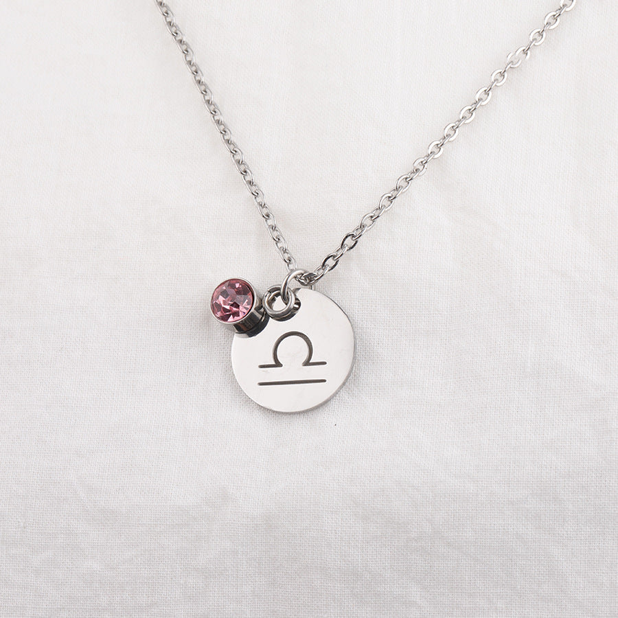 Stainless Steel Necklace with Zodiac Sign Pendant and Birthstone
