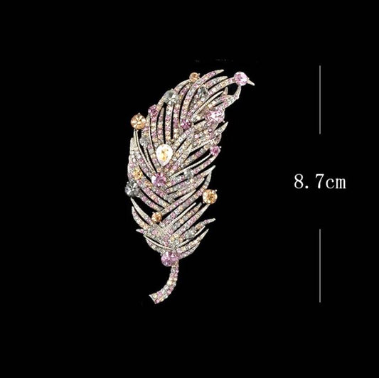 Gold Plated Inlaid Rhinestone with Cubic Zirconia Maillard Color Feather Brooch