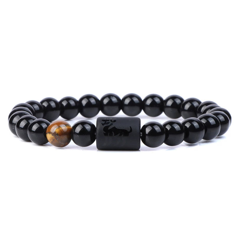 Handmade Natural Gemstone Black Obsidian & Tiger's Eye Zodiac Sign Bracelet