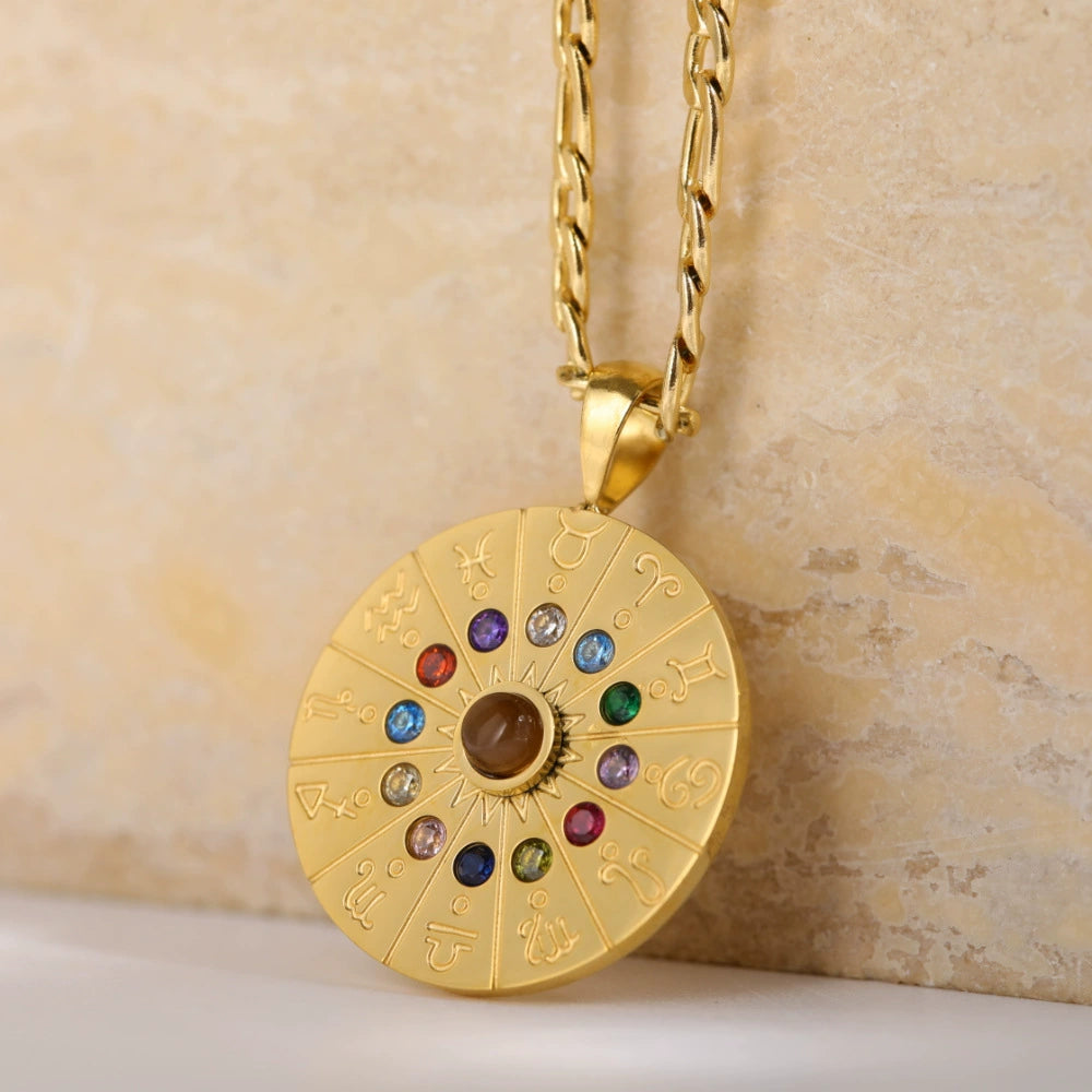 Necklace with Round Tarot Card Pendant with 12 Zodica Signs and 12 Birth Stones