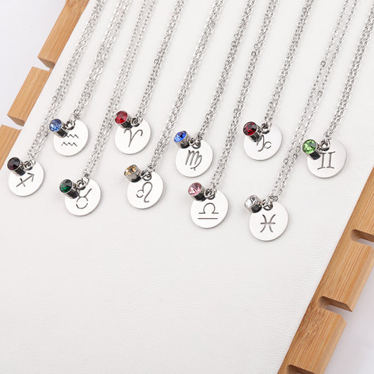 Stainless Steel Necklace with Zodiac Sign Pendant and Birthstone