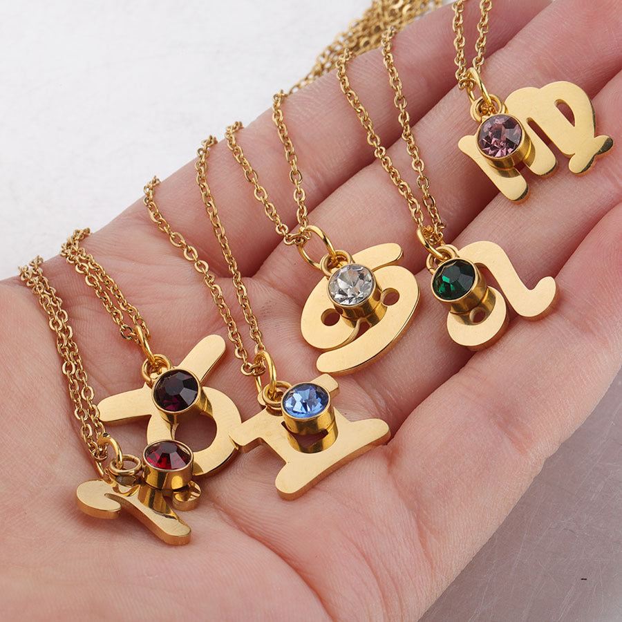 Gold Plated Necklace with Zodiac Sign Pendant and Birthstone