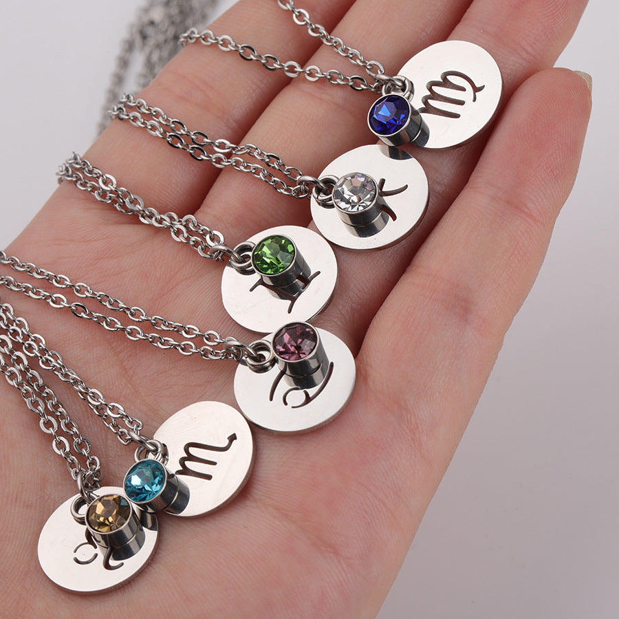 Stainless Steel Necklace with Zodiac Sign Pendant and Birthstone