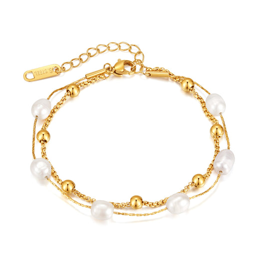 Gold Plated Chain with Natural Freshwater Pearl Layered Bracelet