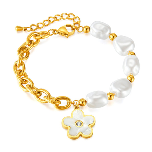 Gold Plated Chain with Floral Resin Pearl Pendant Bracelet