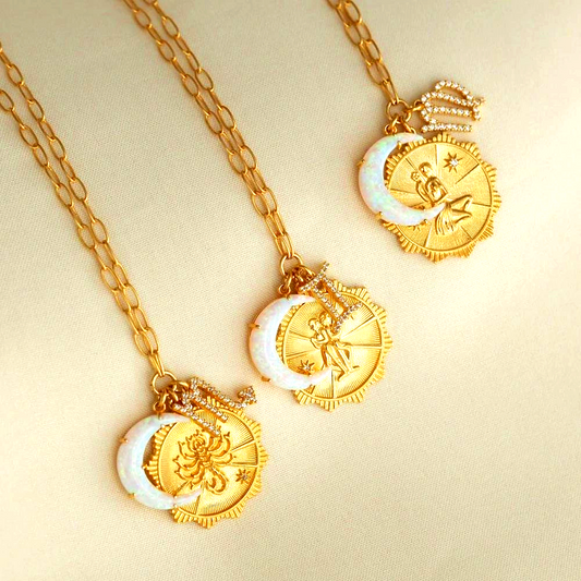 Necklace Clavicle Chain with Moon Stone and Round Inlaid Diamond Pendant