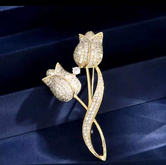 Gold Plated Inlaid Rhinestone Double Tulip Brooch