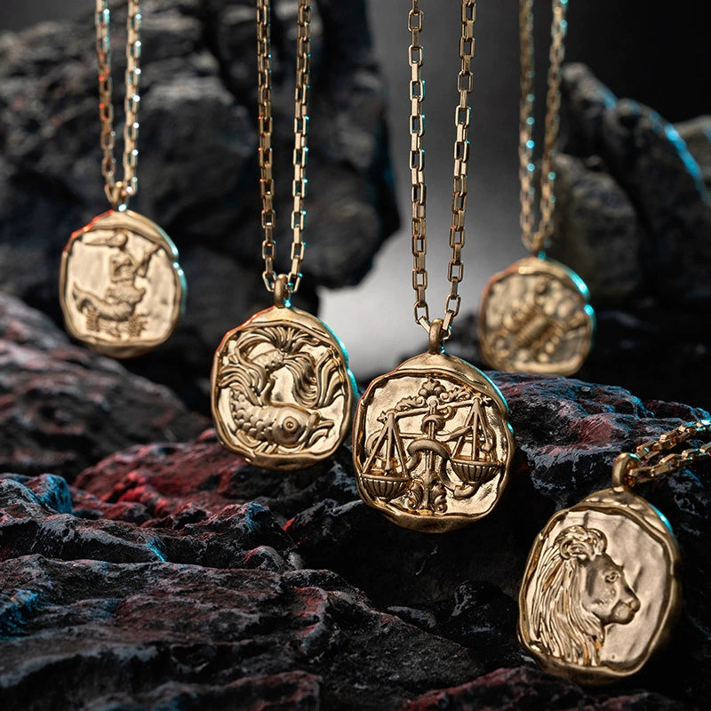 Necklace with Round 18K Gold  Plated Zodiac Signs Horoscope Icon Pendant