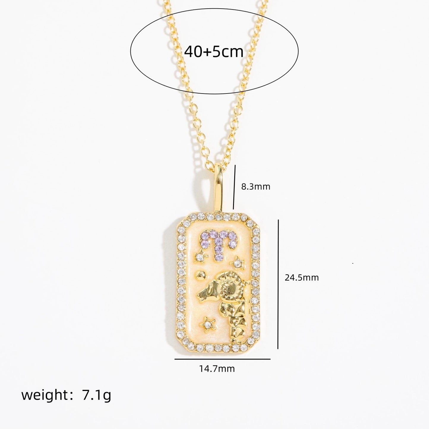 Necklace with Rectangle Inlaid Diamond 18K Gold Plated Zodiac Signs Horoscope Icon Pendant