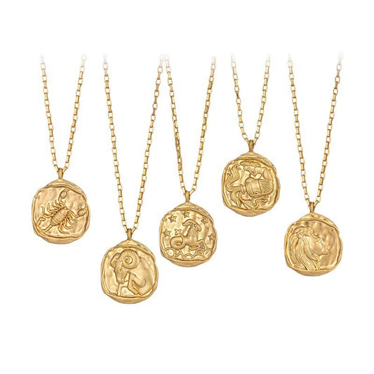 Necklace with Round 18K Gold  Plated Zodiac Signs Horoscope Icon Pendant