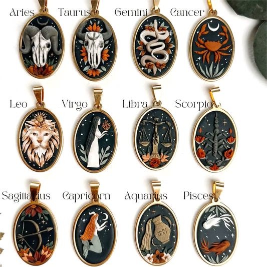 Necklace with Vintage Oval Zodiac Signs Icon Pendant