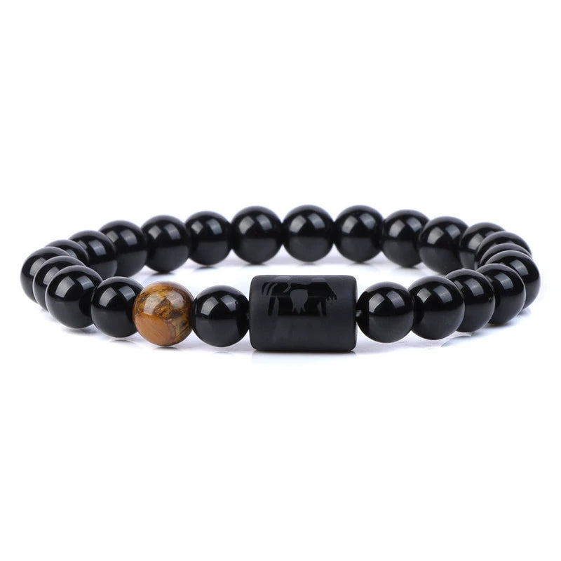 Handmade Natural Gemstone Black Obsidian & Tiger's Eye Zodiac Sign Bracelet