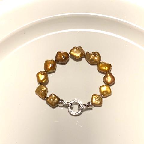 Stainless Steel Clasp with Gold Baroque Natural Pearl Bracelet