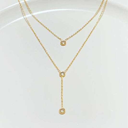Gold Plated Layered Chain with Inlaid Cubic Zirconia Necklace