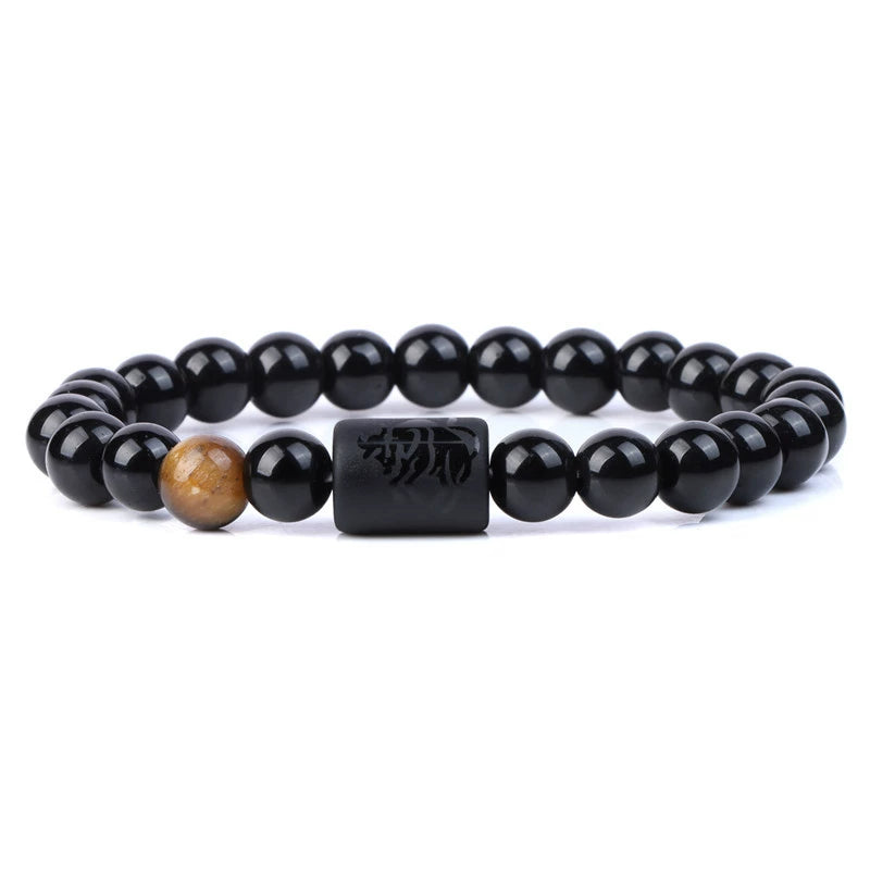 Handmade Natural Gemstone Black Obsidian & Tiger's Eye Zodiac Sign Bracelet